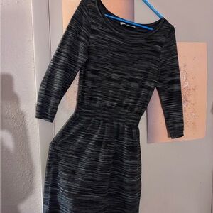 LOFT Black & Gray Striped Midi Dress